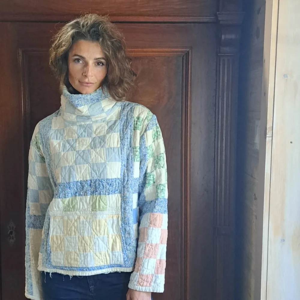 Quilted Patchwork Cowl Neck Sweater - Light Blue & Cream - Picture 3 of 3